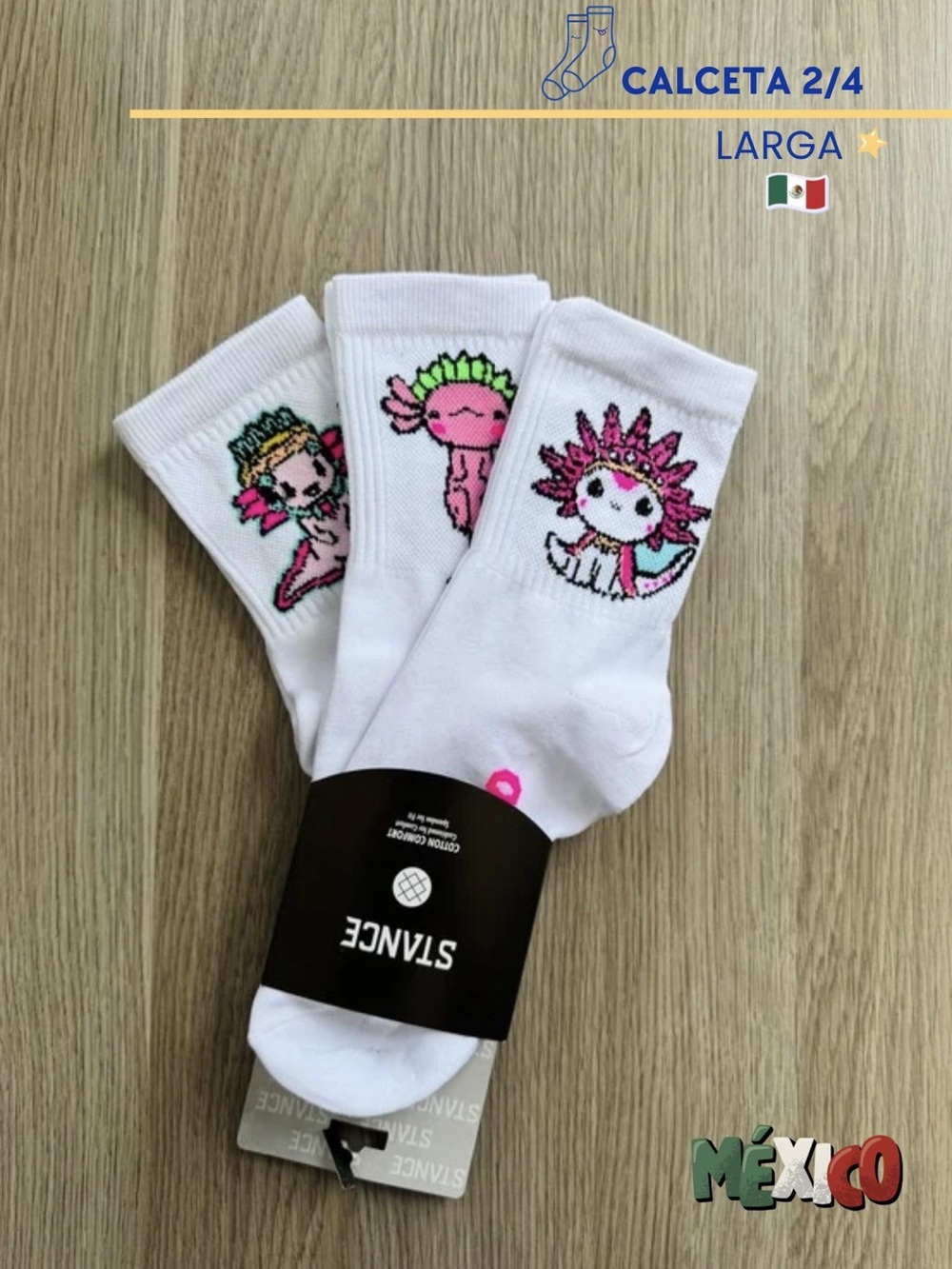 Stance Kids White Crew Socks with Pink & Green Axolotl Characters